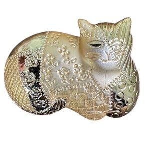 AJC Calico Fat Cat Brooch Pin Gold Tone Quilted Patchwork Floral Design Vintage